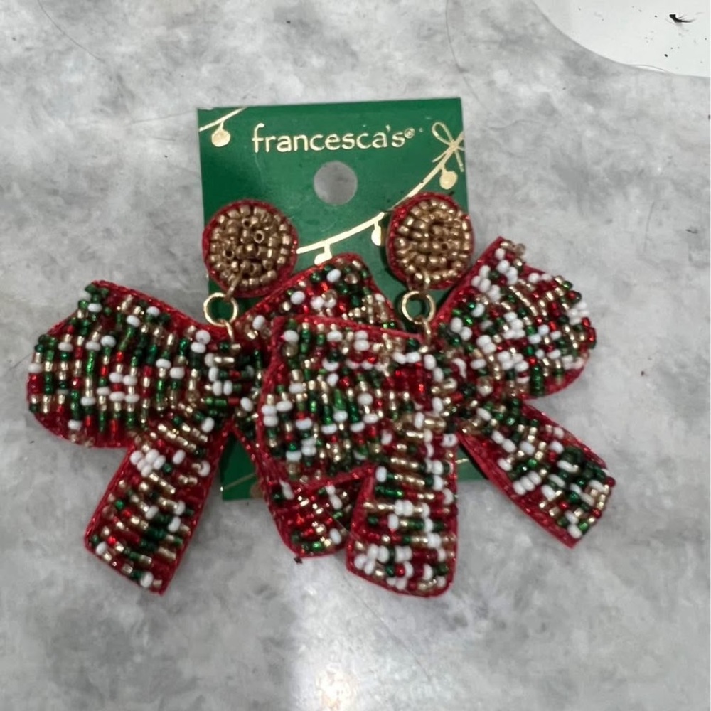 Francesca's Collections Festive Beaded Bow Earrings